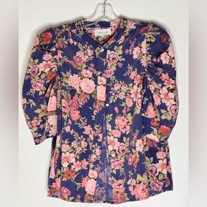 SOLD!!!Dear John Indigo Floral Blouse with Puffed Sleeves